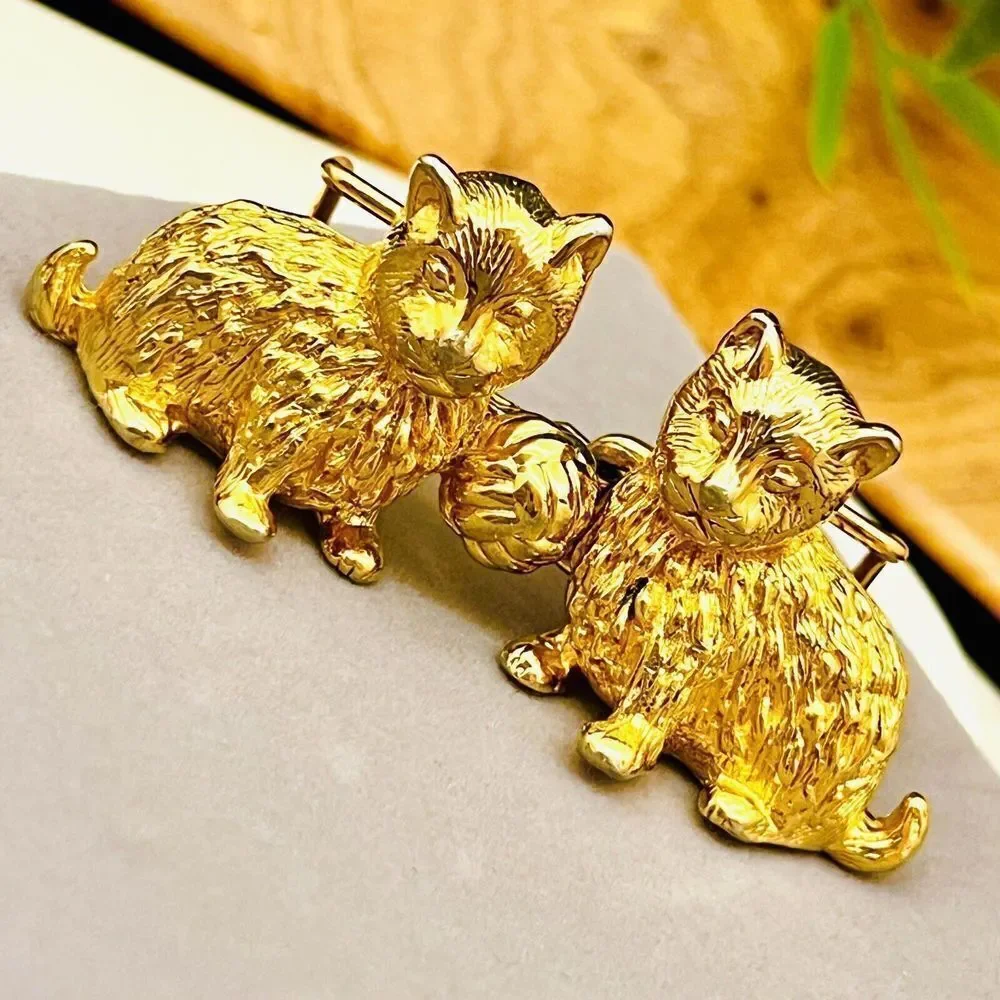 Vintage 3D Mimi Di N Gold Tone Double Cat Yarn Belt Buckle Kittiy Kittens 4287
